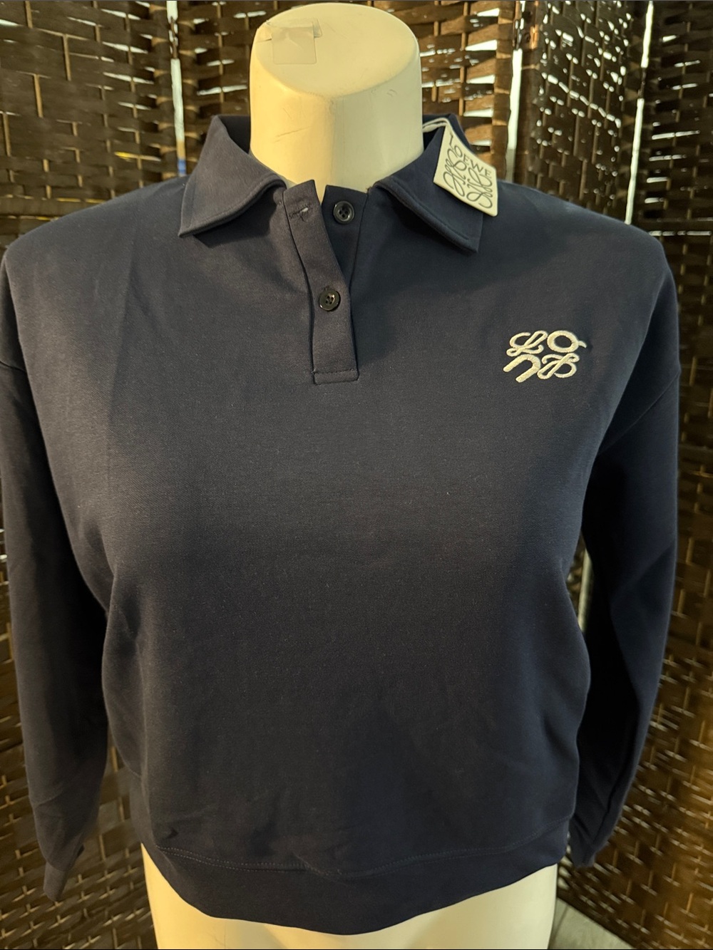 Navy Cotton Long-Sleeve Polo with Logo